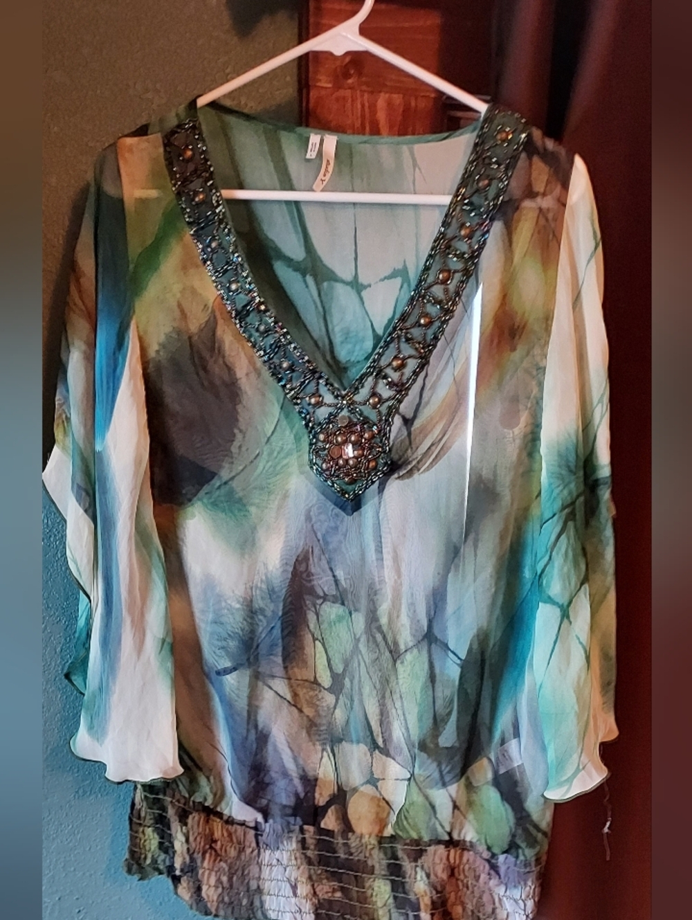 Beaded V-Neck in Teal, Blue, Green